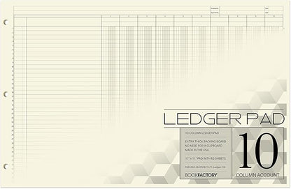 BookFactory Ledger Pad/Large 10 Column Accounting Ledger Columnar (Ten Columns) Pads - 17'' x 11'', 50 Pages, Notepad Landscape Format (Made in USA)