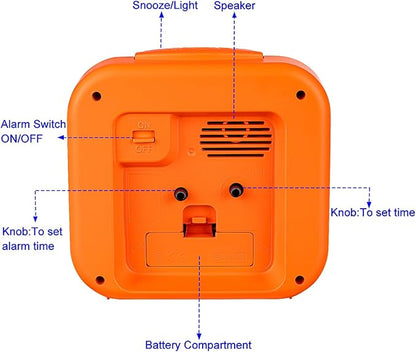 Tinload 5.5" Large Analog Alarm Clock • Silent Non Ticking • Gentle Wake • Beep Sounds • Increasing Volume • Battery Operated Snooze and Manual Light • Retro Orange