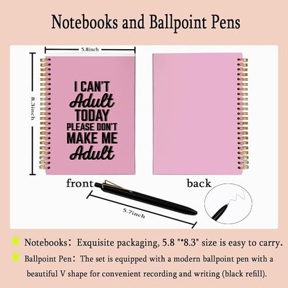 Funny Notebook with Pen Set I Can't Adult Today, A5 Spiral Journal for Women and Teens, 18th Birthday Gifts for Girls, 80 Sheets College Ruled Sarcastic Office Stationery, Humorous Pink Diary