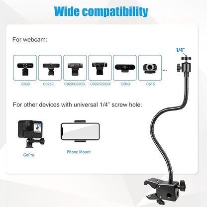 Khazylorr Webcam Stand, Webcam Mount Gooseneck Arm with Phone Holder Web Camera Stand Desk Mount Clip Clamp for Logitech Webcams C922 C930e C920S C920 C615 C960 C920x BRIO 4K NexiGo N60 and More