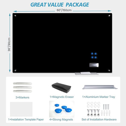 Magnetic Glass Dry Erase Board White Board Wall Mounted Whiteboard, Large Frameless Writing Board Black Glassboard, 60" W x 36" H
