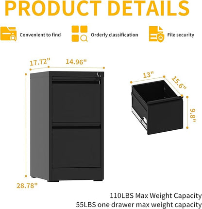 Reegangfa 2 Drawer File Cabinet with Lock, 18" D Metal Vertical Filing Cabinets, Steel File Storage Cabinets for Home Office, Hanging A4 Legal/Letter Size Narrow File Cabinet, Assembly Required