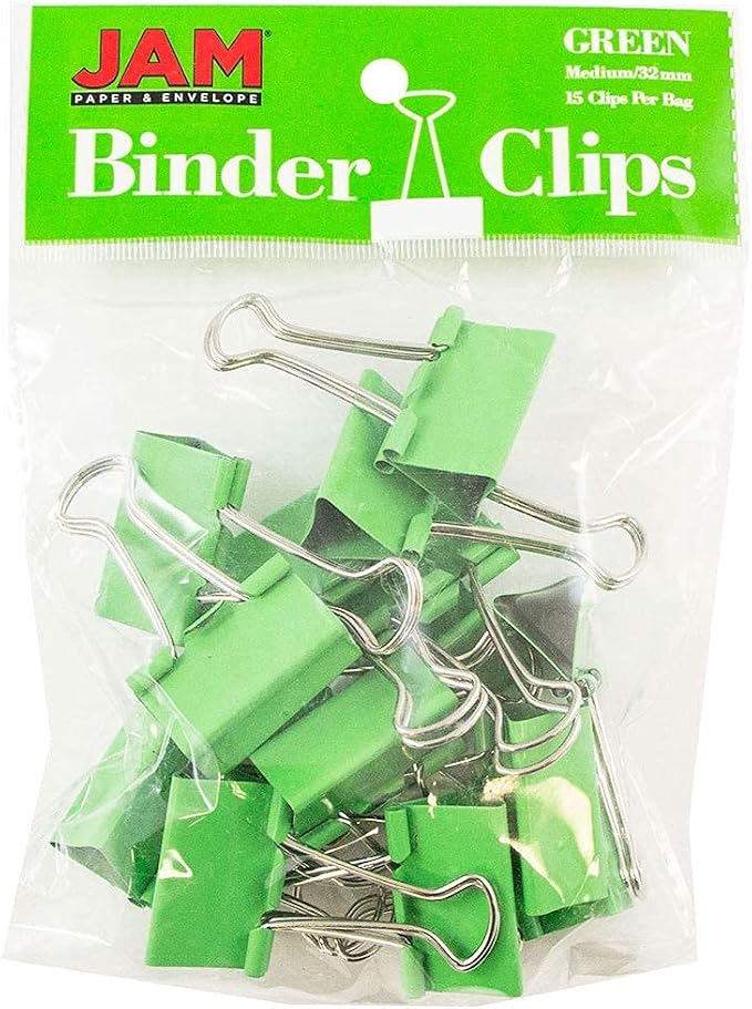 JAM PAPER Colorful Binder Clips - Medium - 1 1/4 Inch (32 mm) - Green Binderclips - 15/Pack