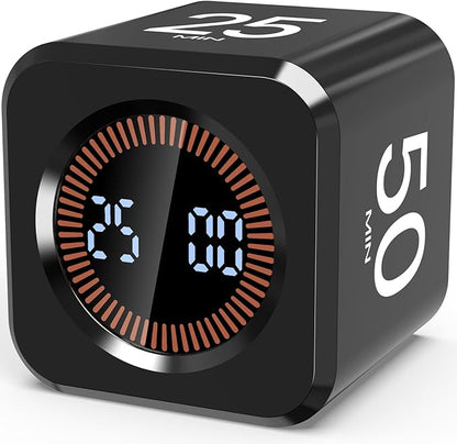 Digital Pomodoro Timer Cube 5/10/25/50min, Visual Productivity Flip Timer for Kids Classroom Desk, Custom Countdown, Silent and Sound Mode for ADHD Study Work Game Kitche(Black)