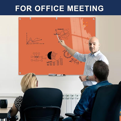TSJ OFFICE Glass Dry-Erase Board - 48 x 36 Inches Wall Mounted Magnetic Whiteboard, Large Frameless Glass White Board for Office, Home & School, Orange