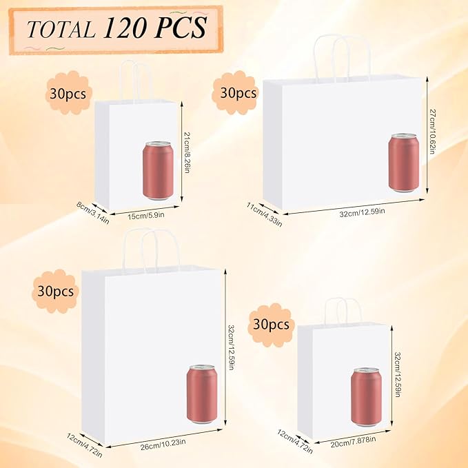 woric 120 PCS White Gift Bags with Handles, Large Gift Bags 4 Assorted Sizes White Paper Valentine's Day Bags Bulk for Gifts Small Business Retails Shopping