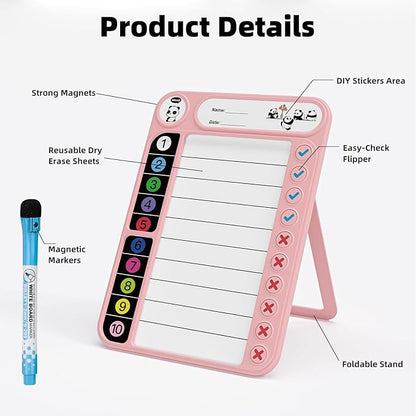 2-Pack Magnetic Chore Chart for Kids, ADHD Task Tracker Easy-Check Routine Dry Erase Board, to-Do List Planning Tool with Stand for Fridge/Desk/Home/School, 6 Reusable Sheets, 4 Markers Pink