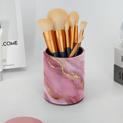 Pink Gold Marble Leather Pen Holder for Desk, Multifunctional Desktop Organizer Pencil Cup, Desktop Caddy Stationery Organizer for School Home Office Desk Accessories