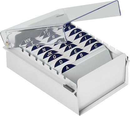 Acrimet 3 x 5 Card File Holder Organizer Box Metal Base Heavy Duty (AZ Index Cards and Divider Included) (White Color with Clear Crystal Plastic Lid Cover)