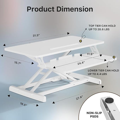 JOY worker Standing Desk Converter, 32" Wide Height Adjustable Sit Stand Up Desk Riser with Keyboard Tray, Desktop Workstation Riser for Home Office Computer Laptop, Particle Board, White