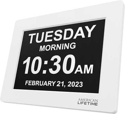 American Lifetime 【New 2025】 Dementia Digital Clock for Seniors, Large Display with Custom Alarms, Clock with Day & Date for Elderly, Large Number Digital Clock White