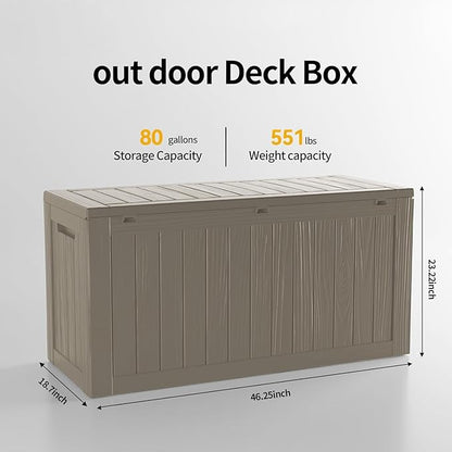 PATIOEASY Outdoor Storage Box 80GAL Waterproof Resin Deck Box,UV-Resistant Lockable Delivery Bin for Garden Tools,Small Outside Cushions,Pool Accessories Supplies,Chest,Furniture,Package,Grey