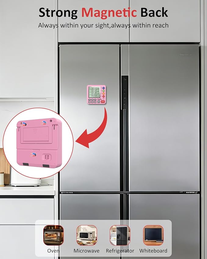 Digital Kitchen Timer for Cooking - 4 Channel Count Up Countdown Timer with Loud Alarm and Silent Mode, Large Display, Magnetic Back, Auto Memory for Classroom Study Gym, Battery Included (Pink)