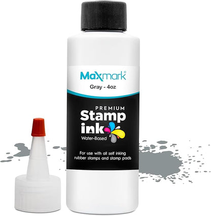 MaxMark Premium Refill Ink with Control Tip Bottle for Self-Inking Stamps, Gray Color - 4 oz.