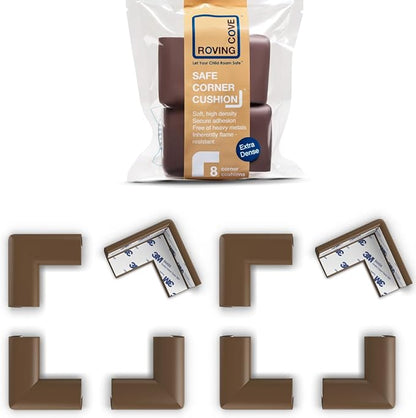 Roving Cove Slim-Fit Corner Protector for Baby Proofing (8 Small Corners), Soft Rubber Foam Furniture Corner Bumper Guards, 3M Adhesive Pre-Taped, Coffee Brown