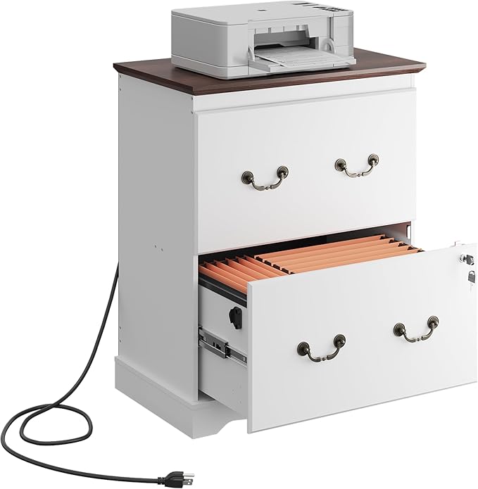 DEVAISE 2 Drawer File Cabinet,Lateral Vintage Farmhouse Wood Filing Cabinet with Lock & Charging Station for Letter/Legal/A4 Size, White