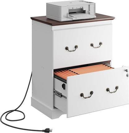 DEVAISE 2 Drawer File Cabinet,Lateral Vintage Farmhouse Wood Filing Cabinet with Lock & Charging Station for Letter/Legal/A4 Size, White