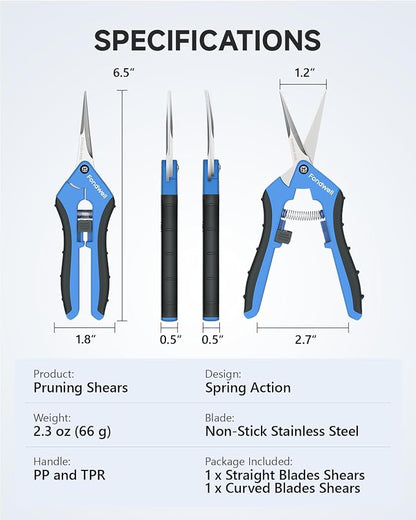 Fondwell 6.5" Small Pruning Shears Garden Snips Precision Trimming Scissors | 2-Pack Plant Scissors, Ultra-Sharp Micro-Tip Straight & Curved Blades, Fatigue-Free - for Flower, Bonsai, Detailed Gardening