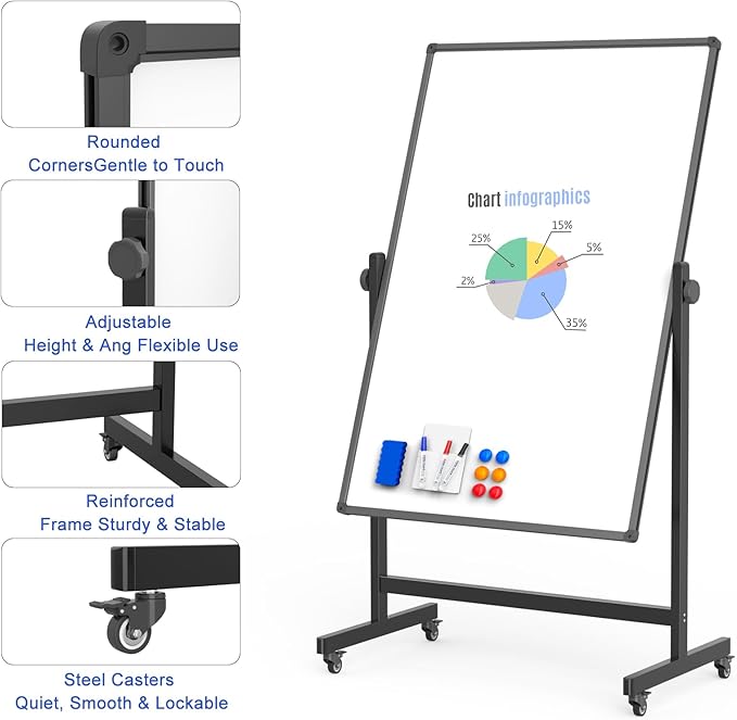 Rolling Whiteboard on Wheels, Double-Sided Magnetic Dry Erase Board with Stand, Mobile White Board for Office, Classroom, Home (28" x 40")