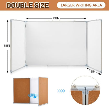 Mooliwe 48"x18" Tri-fold Cork Board Whiteboard Combo, Foldable Combination Magnetic Dry Erase Bulletin Board & Corkboard with Aluminum Frame Wall Mounted for Home, Office and School(Wood)