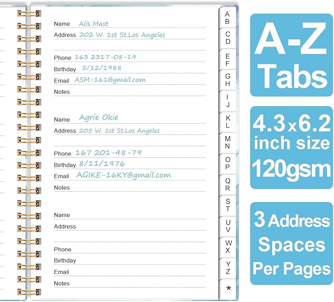 Address Book with Alphabetical Tabs - Small Address Book Spiral with Address Contacts, Special Date, Phone, Birthday & Internet Login Password for Home and Office, 4.3" x 6.2", Blue Watercolor