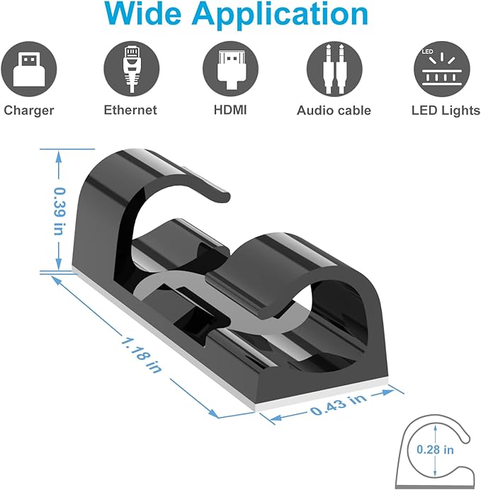 Self-Adhesive Cable Clips Black (40PCS, M), Upgraded Wire Clips for Wall, Strong Cord Organizer Cable Management Under Desk, Ethernet, Dash Cam, Outdoor Light