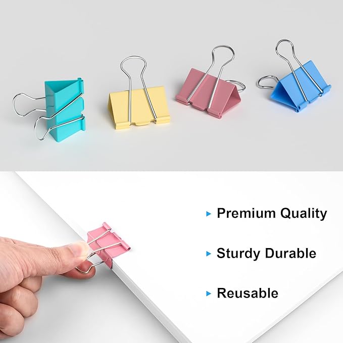 200 Count Colored Binder Clips Assorted Sizes, 4 Sizes Large, Medium, Small, Mini, Metal Paper Clamps, Bulk Clips Office Supplies (1 1/4", 1", 3/4", 1/2 Inch) KKEETUR