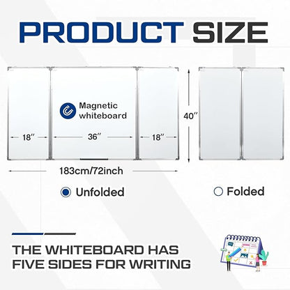 72” x 40” Foldable Whiteboard Dry Erase Board Large Tri Folding Whiteboard Magnetic Dry Erase Board, Wall Aluminium Frame and Pen Tray for Office, Home