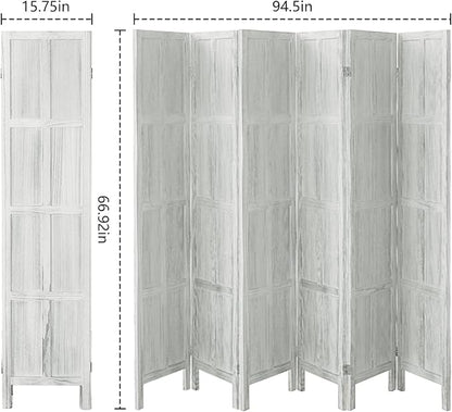 Leesinwing Wood Room Divider 6 Panel Folding Privacy Screen, Classic 5.6Ft Indoor Wooden Partition, Portable Partition Wall Divider for Room Separation, Home, Office, Bedroom, Restaurant (White)