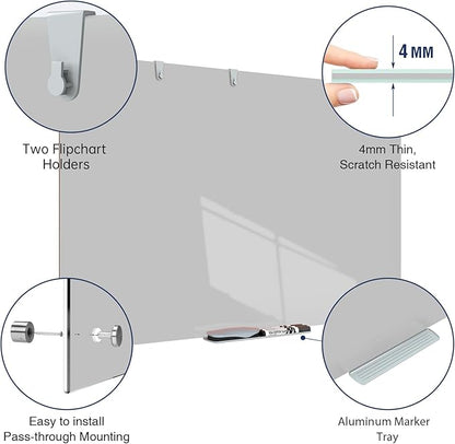 TSJ OFFICE Glass Dry-Erase Board - 36 x 24 Inches Wall Mounted Magnetic Whiteboard, Large Frameless Glass White Board for Office, Home & School, Gray