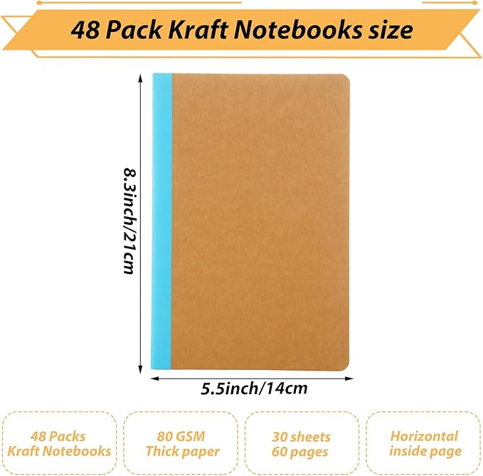 MIVIDE 48 Pack A5 Kraft Notebooks, Colourful Spine Lined Journal Bulk Pack 8.3 x 5.5 inch Notebooks 60 Pages, Travel Notebooks for Writing, Making Plans, School Office Supplies