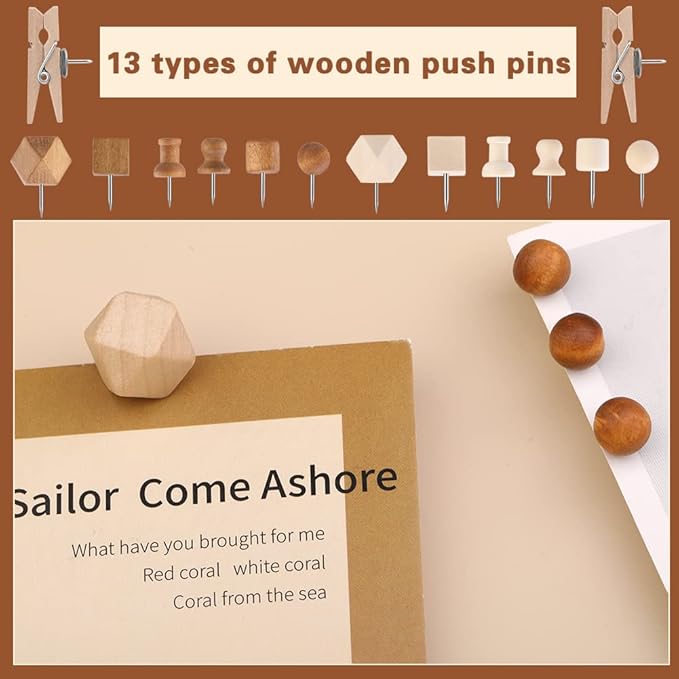 270 Pcs Wood Push Pins, 2 Colors and 7 Types Decorative Thumb Tacks Wooden Head Pin Marking Pin, Wood Thumb Tacks Decorative for Bulletin Boards Craft Projects with Storage Box