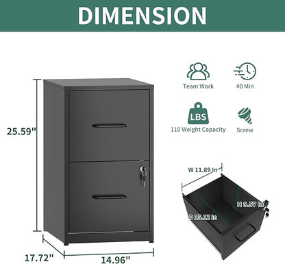 FLIXELIO 2 Drawer File Cabinet with Lock,Metal Vertical Filing Cabinets for Home Office,Heavy Duty File Storage Cabinet for Letter/Legal/A4/F4 Size File,Assembly Require (Black, Vertical 2 Drawer)