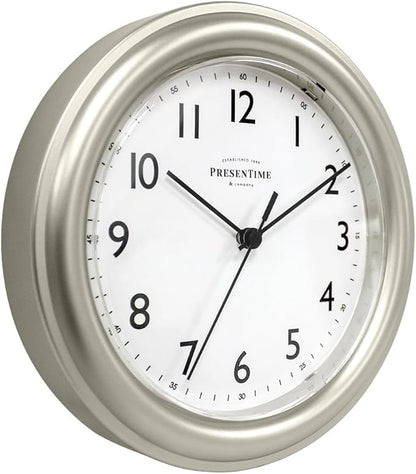 Presentime & Co. 8.5" Modern Farmhouse Essential Wall Clock, Silent Non Ticking, Morning Silver Color. (Wall Clock for Office, Home, Bathroom, Kitchen, Bedroom, and School)