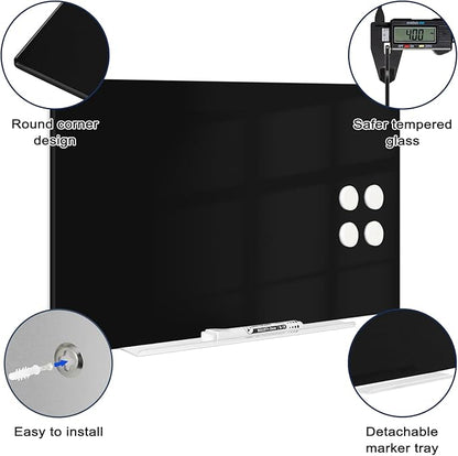 Magnetic Glass Whiteboard for Wall, 16" x 12" Glass Dry Erase Board, Large Frameless White Board for Home and Office - Black