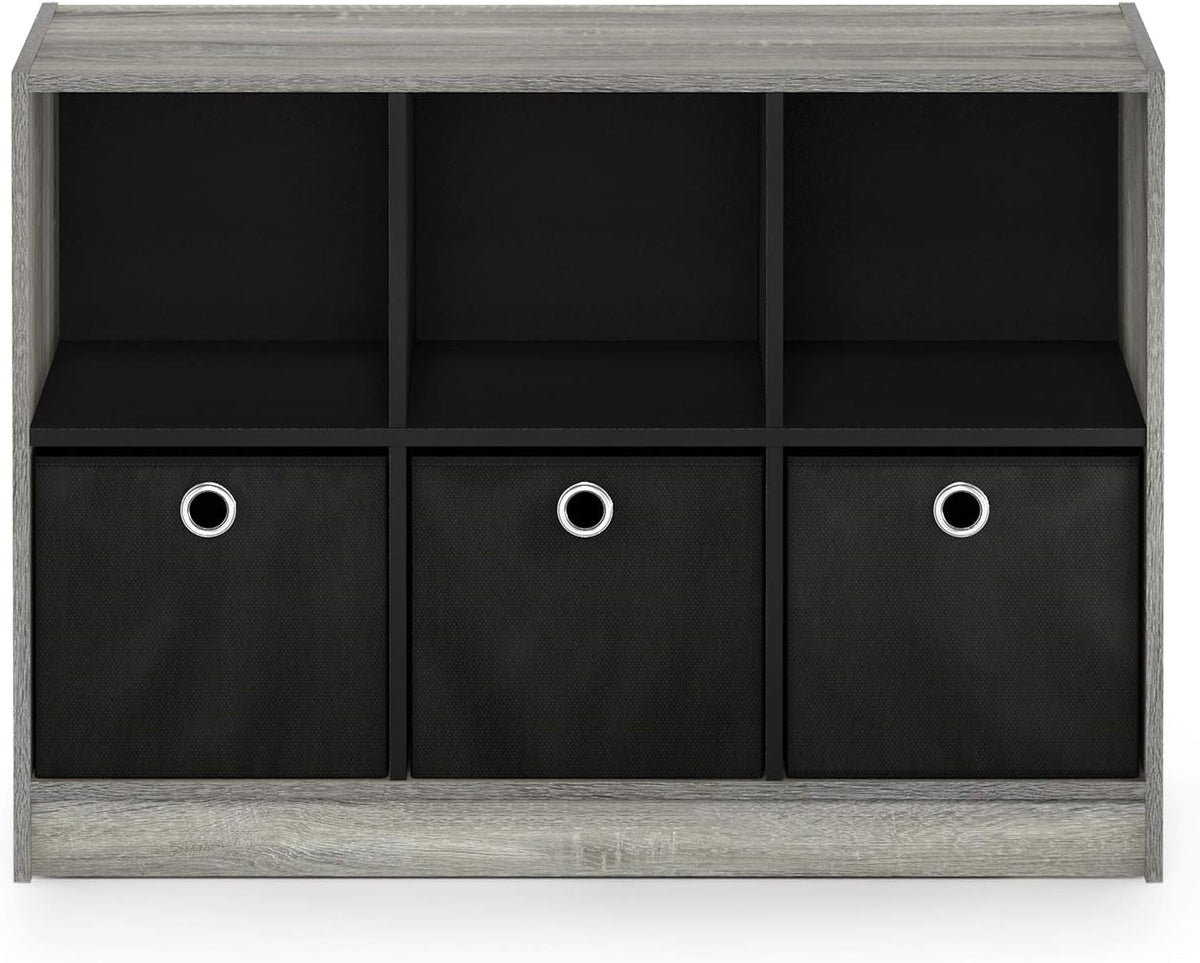 Basic 3X2 Cube Storage Bookcase Organizer with Bins, French Oak Grey/Black