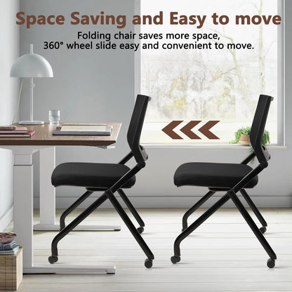 2PACK, Stackable & Foldable Chairs with Wheels, Reception Guest Chairs with Lumbar Support, Ergonomic Mesh Back Folding Chair for Office Schools Training Conference Waiting Room, Black