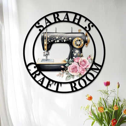 Custom Sewing Machine Metal Sign, Personalized Name Flowers Sewing Sign for Sewing Room Craft Room Decor Sign Sewing Metal Wall Art, Customized Sewing Family Name Sign for Mom Grandma