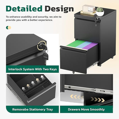 Greenvelly 2 Drawer Mobile File Cabinet with Lock, Metal Filing Cabinet on Wheels, Under Desk File Cabinet for Home Office Organizer Letter/Legal/A4 File (Assembly Required, Black)