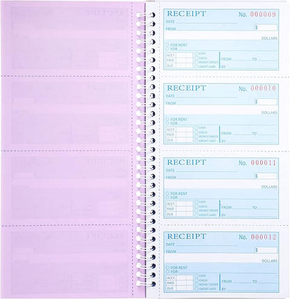 Receipt Books with Carbon Copies,Money and Rent Receipt Book,3-Part Carbonless,5.31" x 11.22",Receipt Book for Small Business,Blue,Yellow and Pink Copy,100 Sets Per Book