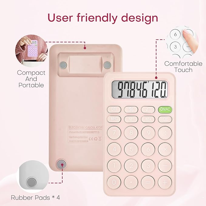 Cute Calculator, Basic Four Function for Teachers Students Basics Office, Small Handheld Calculators, 8 Digit with LCD Display, Sensitive Button, 5.5×3.2 inches Pink