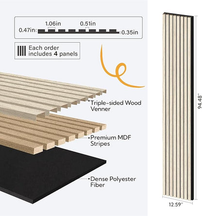 Olanglab Wood Slat Wall Panels 4 Pack, Wooden Acoustic Wall Panels, 94.5"x12.6" Each 3D Wall Panels for Interior Wall Decor (Light Oak-Extendo Trio)