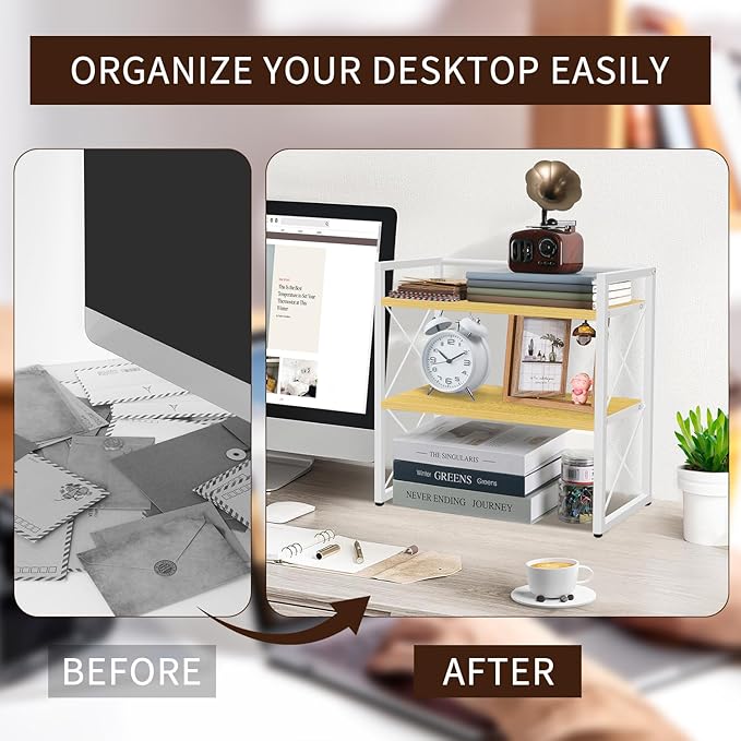 YINMIT Desktop Shelf Organizer, 2 Tier Office Shelves, Wood Desk Organizer Storage Rack and Freestanding Display Shelf for Office, Dormitory, Home (White Wood)