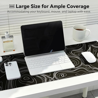 Reniteco Waterproof Large Gaming Mouse Pad with Durable Stitched Edges, Non-Slip Rubber Base, Grainy Jacquard Mouse Mat Desk Pad for Home Office Gaming, 31.5''x11.8''x0.12'', Topographic Map White