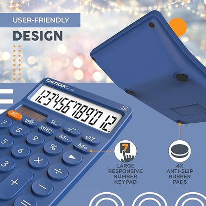 CATIGA 12 Digit Desktop Calculator Basic Desk Calculator with Large LCD Display, Big Buttons, 4 Function, Solar and Battery Dual Power, for Office, School, Home, SD-1292 Navy Blue