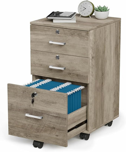 VINGLI 3-Drawer File Cabinet with Lock, Wood Rolling Under Desk File Cabinets for Home Office, Mobile Printer Stand & Filing Organizer for Letter Sized Files, 26" H(Caster Included), Rustic Gray