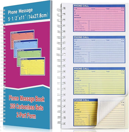 Sinmoe 1 Pcs Spiral Bound Phone Message Book with Carbon Copy 5-1/2" x 11" 2 Part Colorful Carbonless Telephone Message Pads Duplicate Spiral Phone Call Log Book for Business Office (Rose Red,Blue)