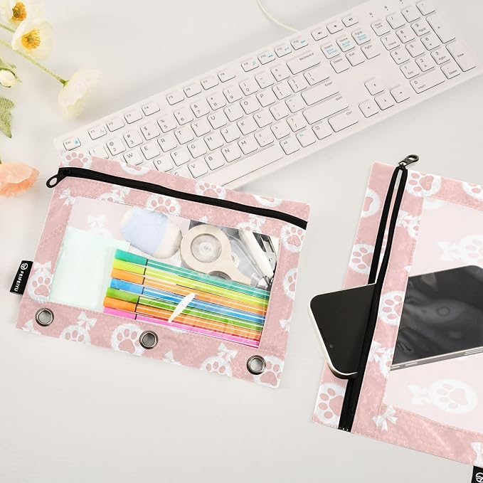 Emelivor Cute Paw Pink Pencil Pouch for 3 Ring Binder 2 Pcs Pockets Pencil Pouches Bag with Clear Pencil Case Cosmetic Bag for College Office Daily Supplies