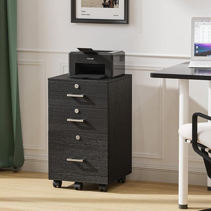 VINGLI 3-Drawer File Cabinet with Lock, Wood Rolling Filing Cabinets for Home Office, Mobile Printer Stand, Under Desk File Organizer for Letter Sized Files, 26" H(Caster Included), Black