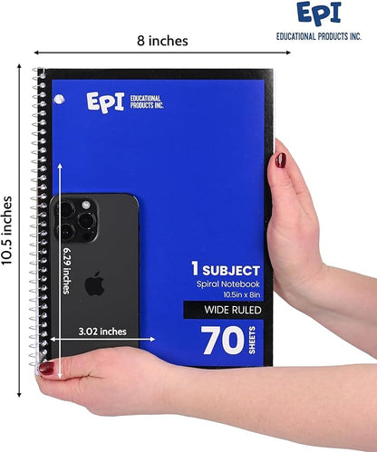 EPI Spiral Notebook | Wide - 70 Sheets, Durable Spiral Binding | 10.5 x 8 in | Classroom Supplies | School, Office, Note Taking, Journaling - 3 Pack
